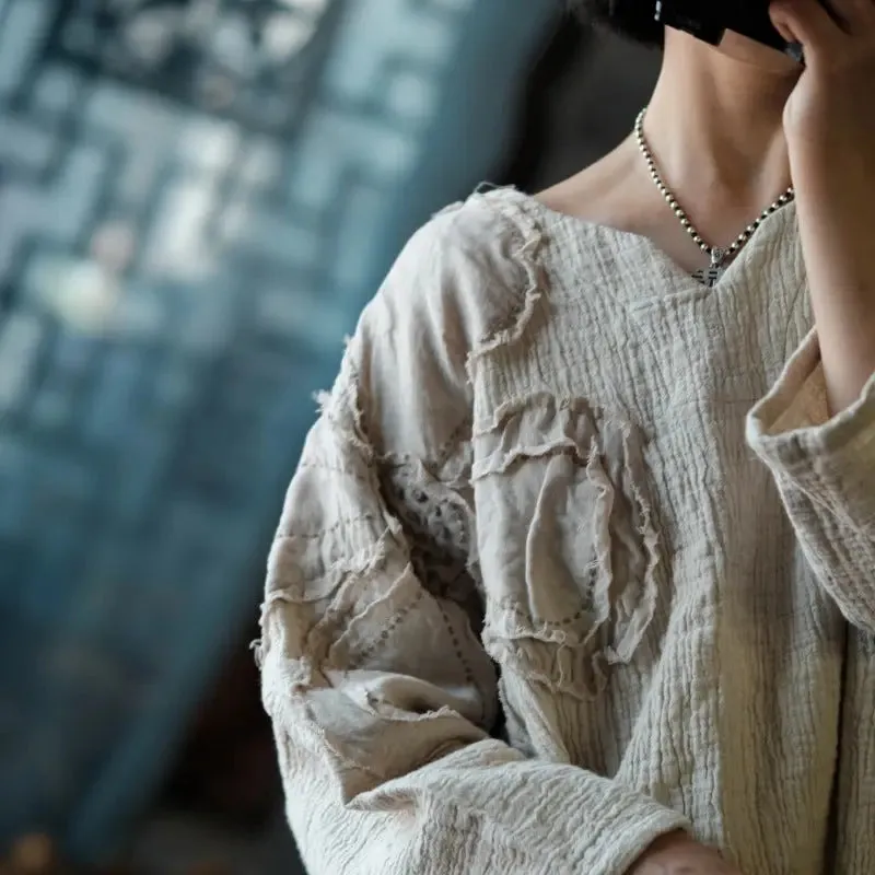 Vintage Beige Linen V-neck Tops with Long Sleeves for Ladies