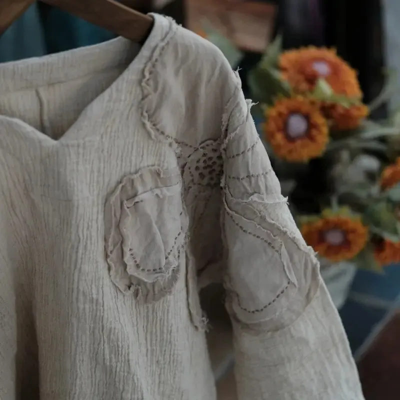 Vintage Beige Linen V-neck Tops with Long Sleeves for Ladies
