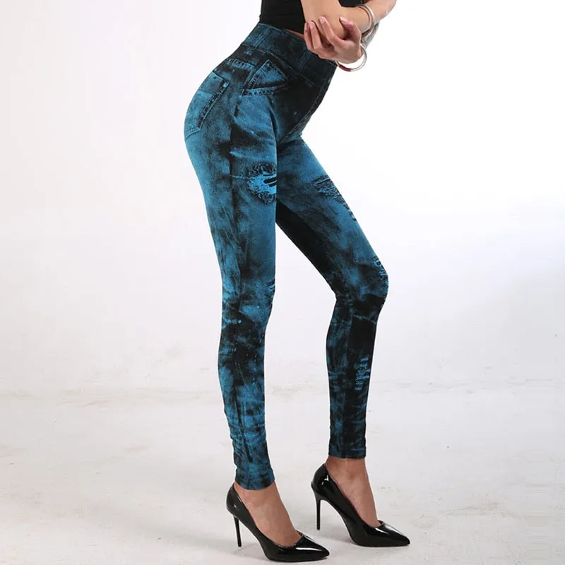 Wjczt Sexy astic Imitation  Jeans Leggings High Waist Pants Fitness Slim Legg Mujer Sport Push Up Leggings For Women Hot