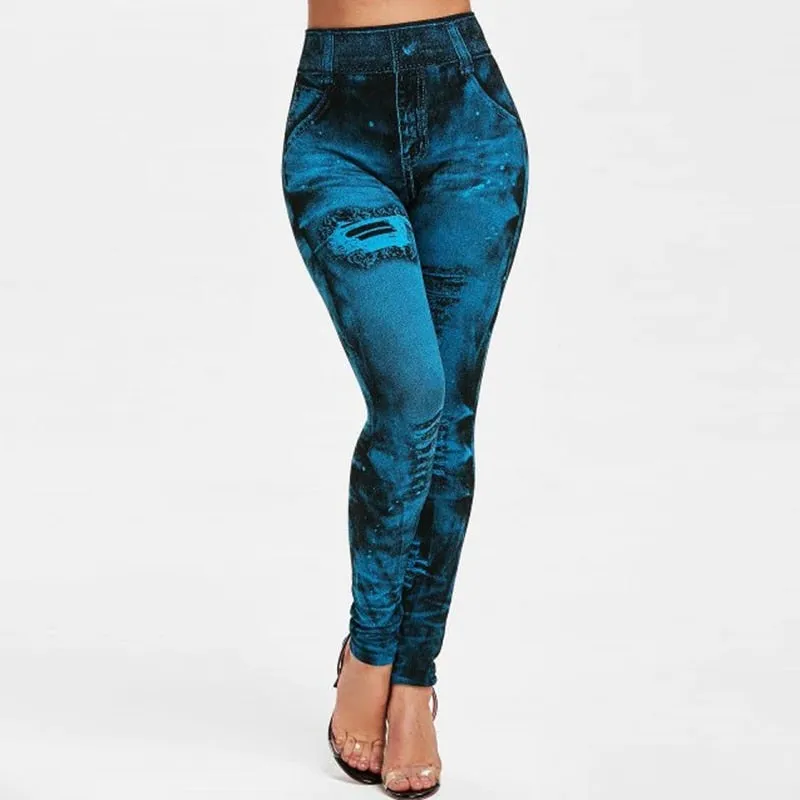 Wjczt Sexy astic Imitation  Jeans Leggings High Waist Pants Fitness Slim Legg Mujer Sport Push Up Leggings For Women Hot