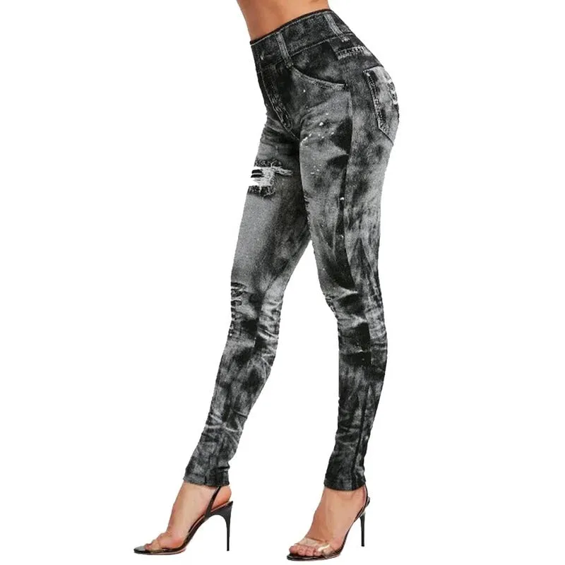 Wjczt Sexy astic Imitation  Jeans Leggings High Waist Pants Fitness Slim Legg Mujer Sport Push Up Leggings For Women Hot
