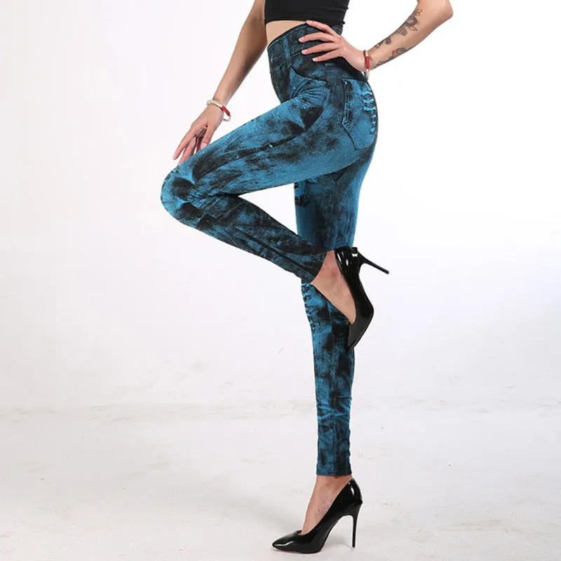 Wjczt Sexy astic Imitation  Jeans Leggings High Waist Pants Fitness Slim Legg Mujer Sport Push Up Leggings For Women Hot