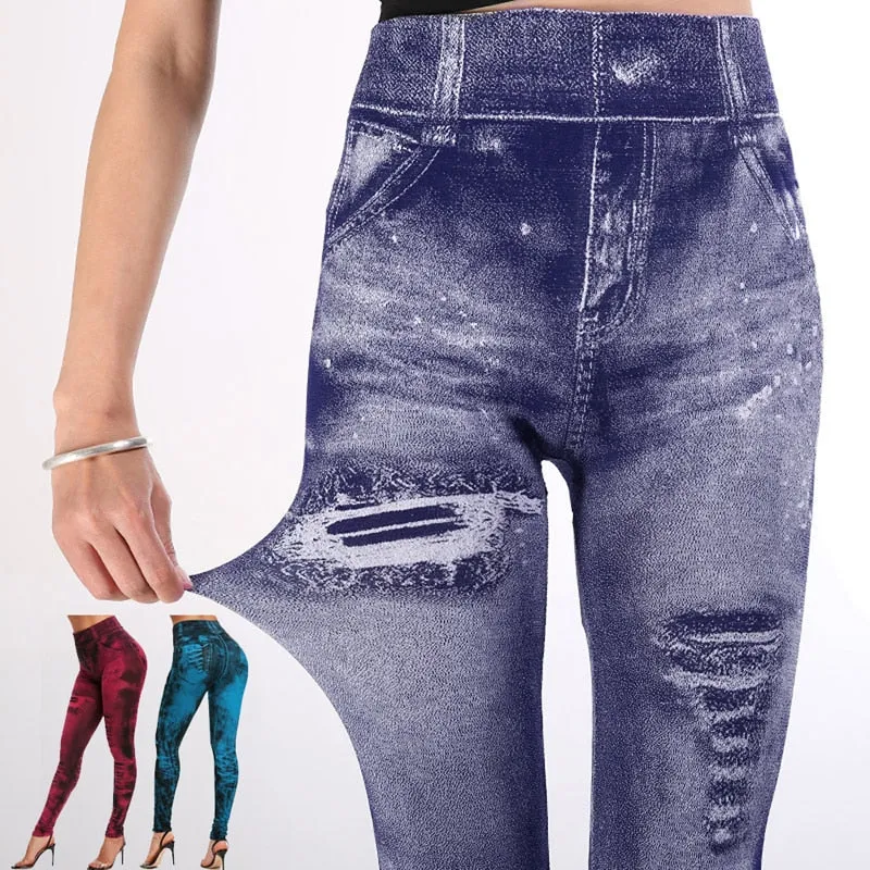 Wjczt Sexy astic Imitation  Jeans Leggings High Waist Pants Fitness Slim Legg Mujer Sport Push Up Leggings For Women Hot