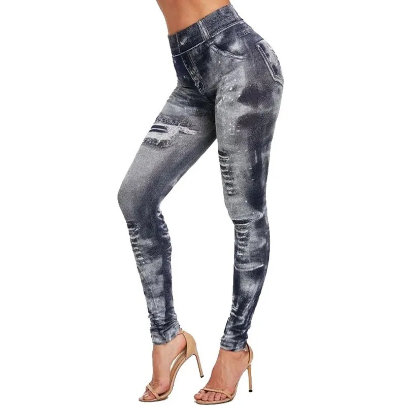 Wjczt Sexy astic Imitation  Jeans Leggings High Waist Pants Fitness Slim Legg Mujer Sport Push Up Leggings For Women Hot