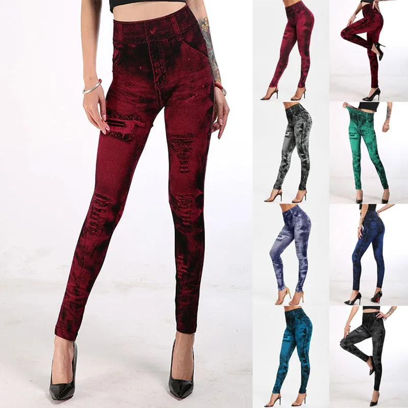 Wjczt Sexy astic Imitation  Jeans Leggings High Waist Pants Fitness Slim Legg Mujer Sport Push Up Leggings For Women Hot