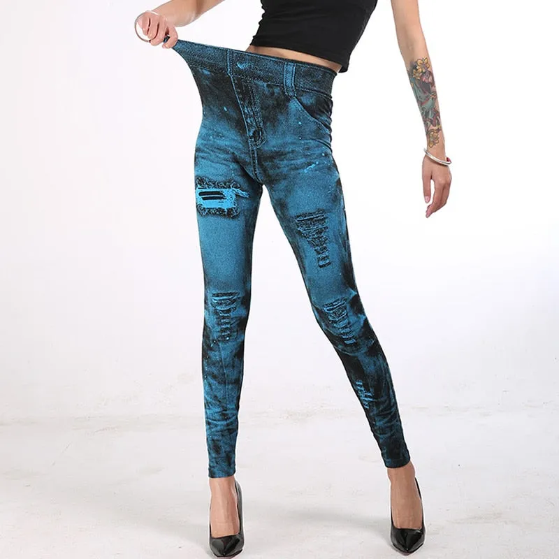 Wjczt Sexy astic Imitation  Jeans Leggings High Waist Pants Fitness Slim Legg Mujer Sport Push Up Leggings For Women Hot