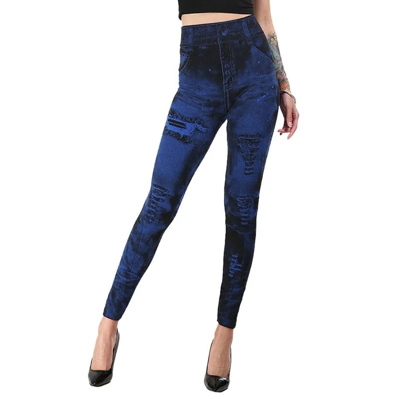 Wjczt Sexy astic Imitation  Jeans Leggings High Waist Pants Fitness Slim Legg Mujer Sport Push Up Leggings For Women Hot