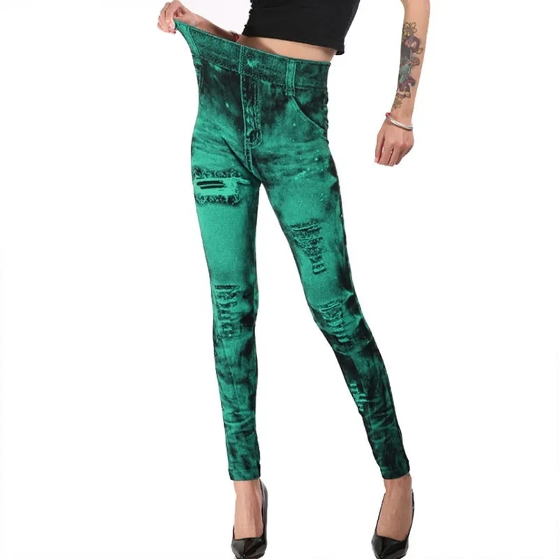 Wjczt Sexy astic Imitation  Jeans Leggings High Waist Pants Fitness Slim Legg Mujer Sport Push Up Leggings For Women Hot
