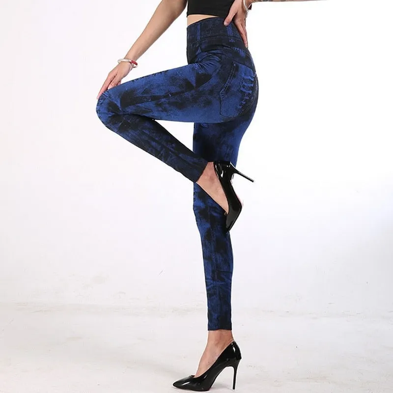 Wjczt Sexy astic Imitation  Jeans Leggings High Waist Pants Fitness Slim Legg Mujer Sport Push Up Leggings For Women Hot