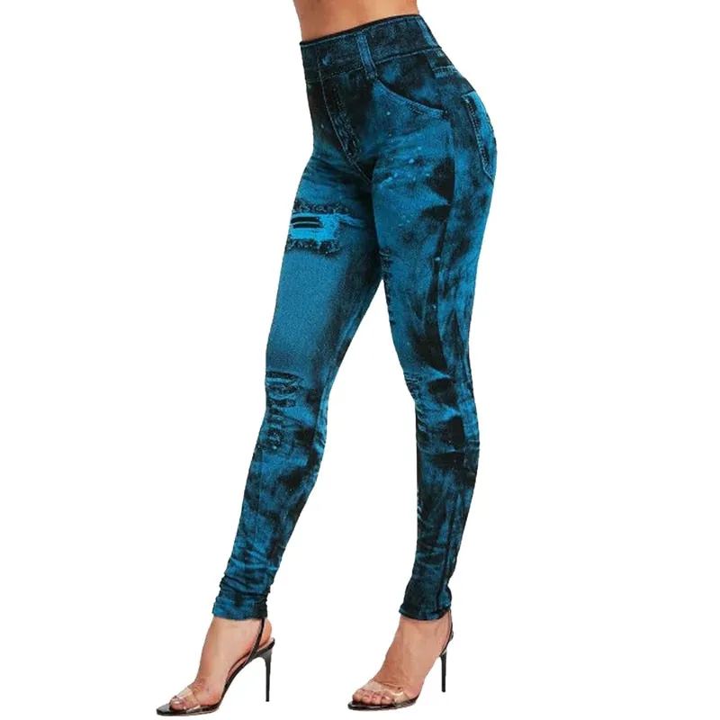 Wjczt Sexy astic Imitation  Jeans Leggings High Waist Pants Fitness Slim Legg Mujer Sport Push Up Leggings For Women Hot