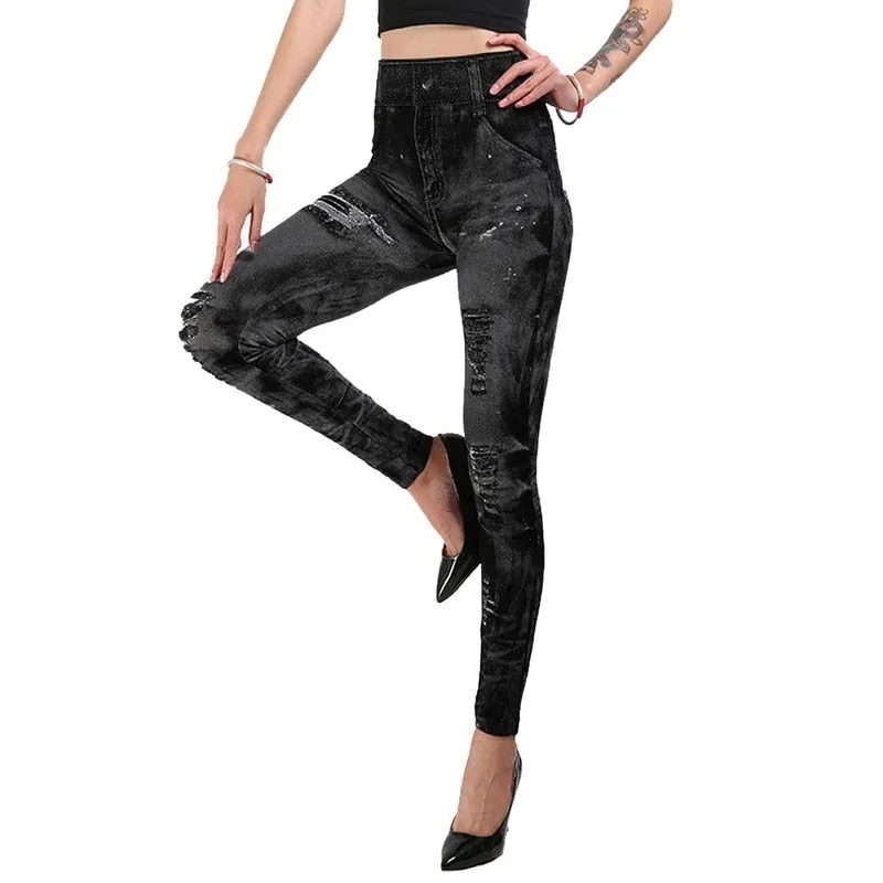 Wjczt Sexy astic Imitation  Jeans Leggings High Waist Pants Fitness Slim Legg Mujer Sport Push Up Leggings For Women Hot