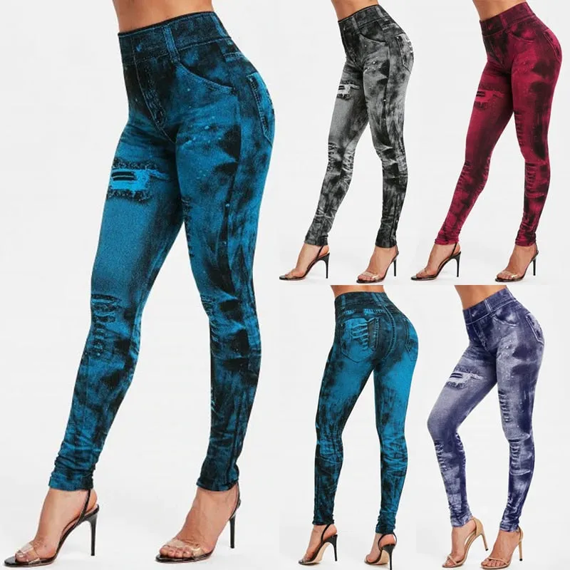 Wjczt Sexy astic Imitation  Jeans Leggings High Waist Pants Fitness Slim Legg Mujer Sport Push Up Leggings For Women Hot