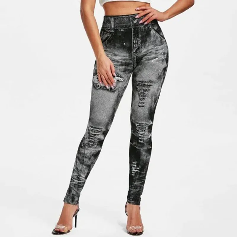 Wjczt Sexy astic Imitation  Jeans Leggings High Waist Pants Fitness Slim Legg Mujer Sport Push Up Leggings For Women Hot