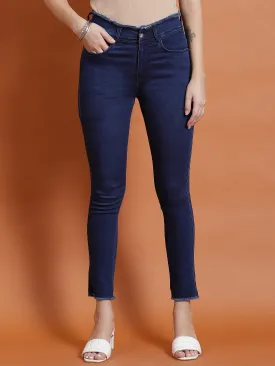 Women Blue Solid Narrow Fringe Jegging