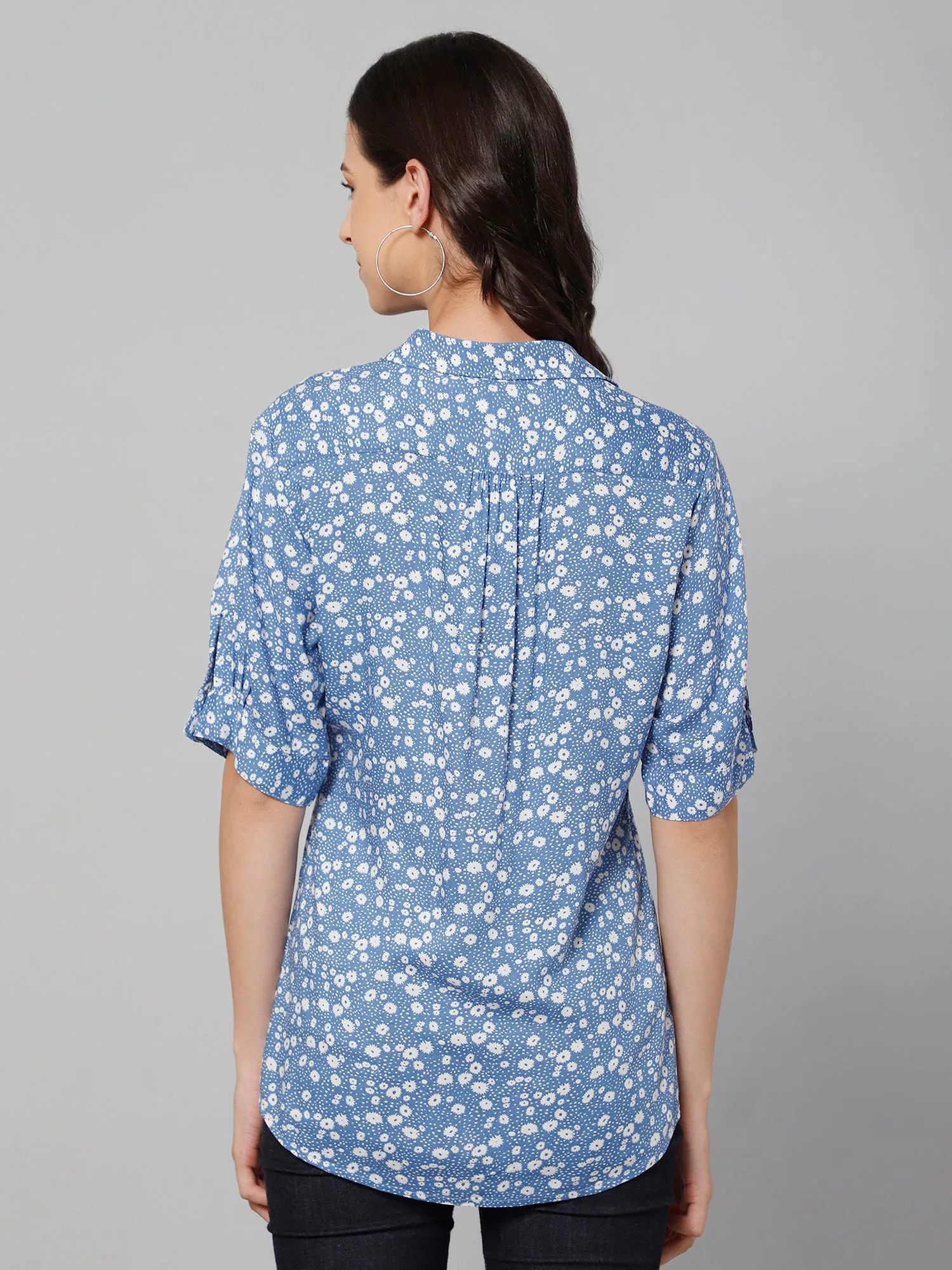 Women's Casual  Blue Floral Print Spread Collar Top