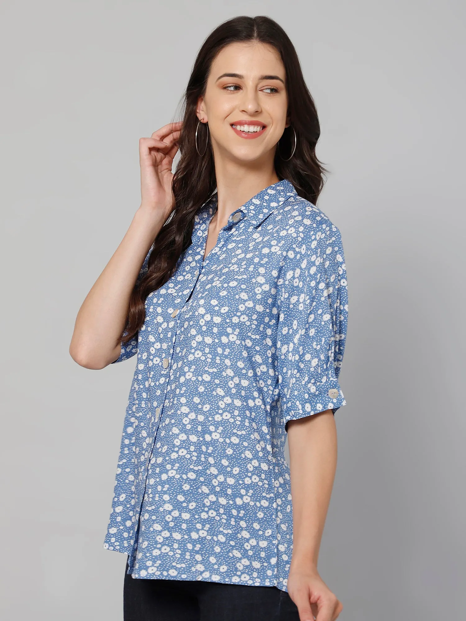 Women's Casual  Blue Floral Print Spread Collar Top